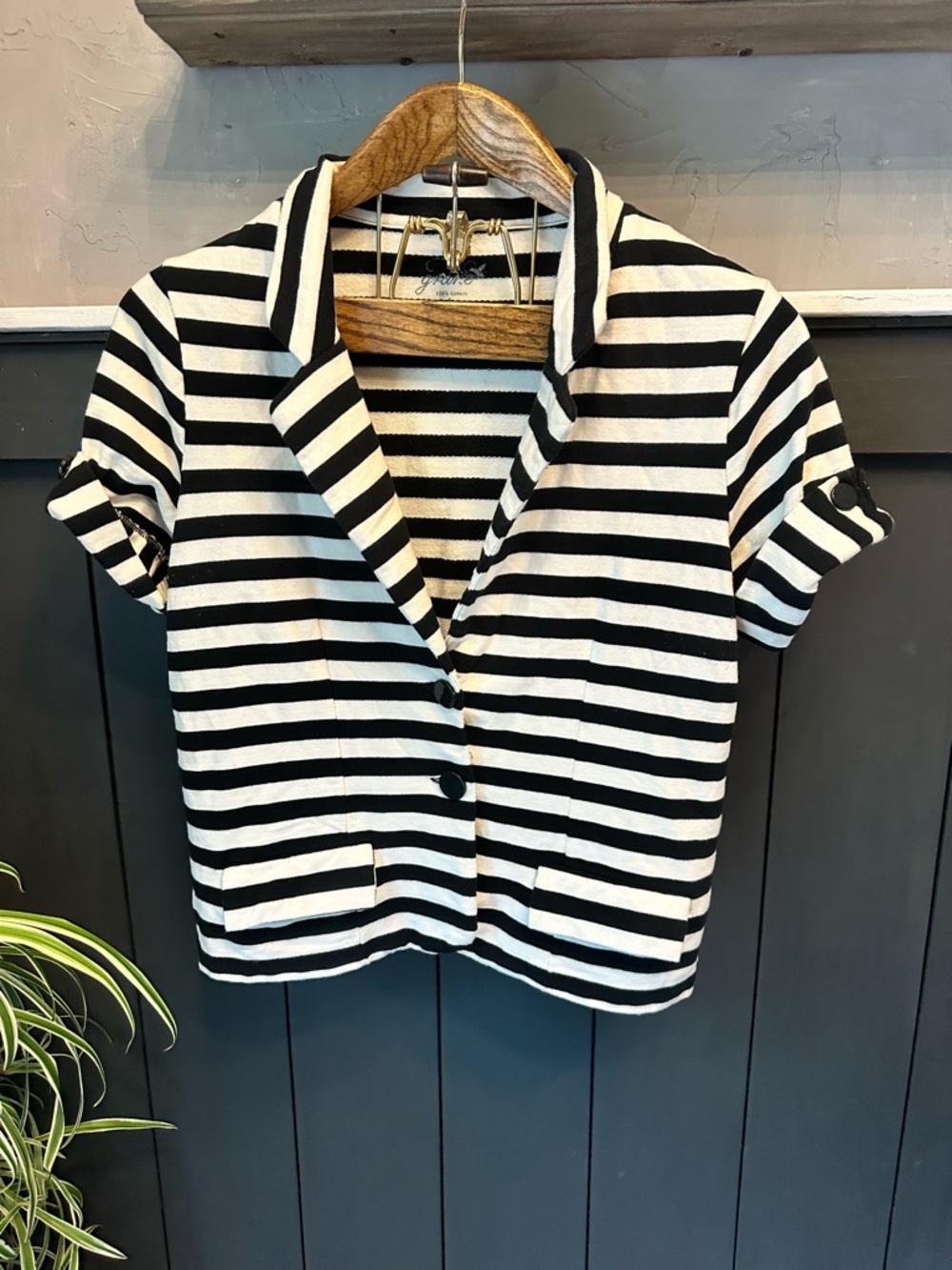 Grane Black & White Striped‎ Short Sleeve 100% Cotton Blazer size L